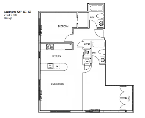 Floor plan for 2 beds, 2 baths, 885 sqft